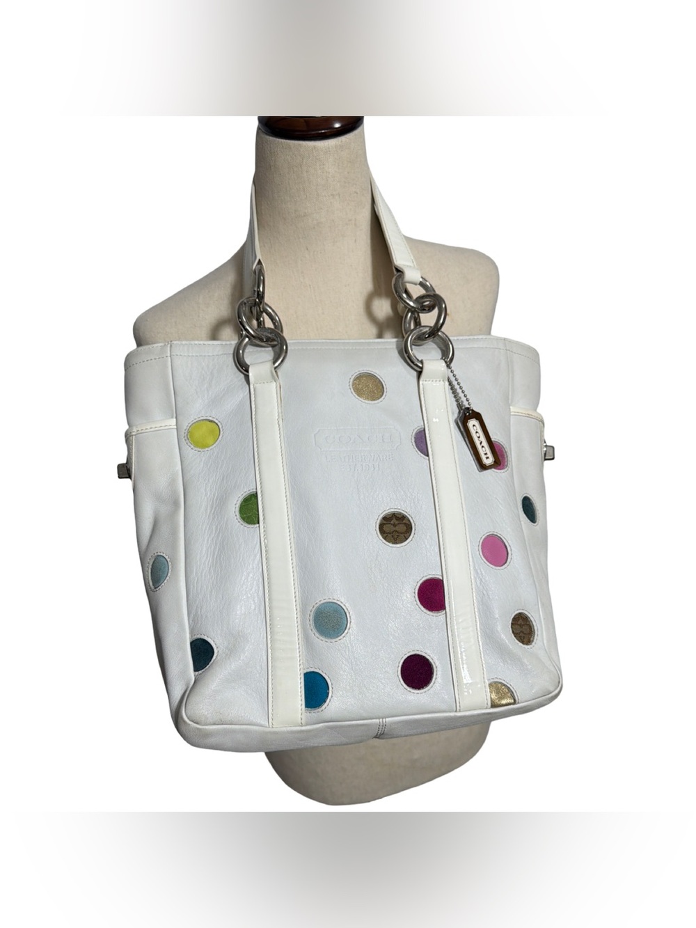 Coach β’ 9763 White Leather Multicolor Polka Dot Gallery Tote Shoulder Bag Y2K - Picture 4 of 16
